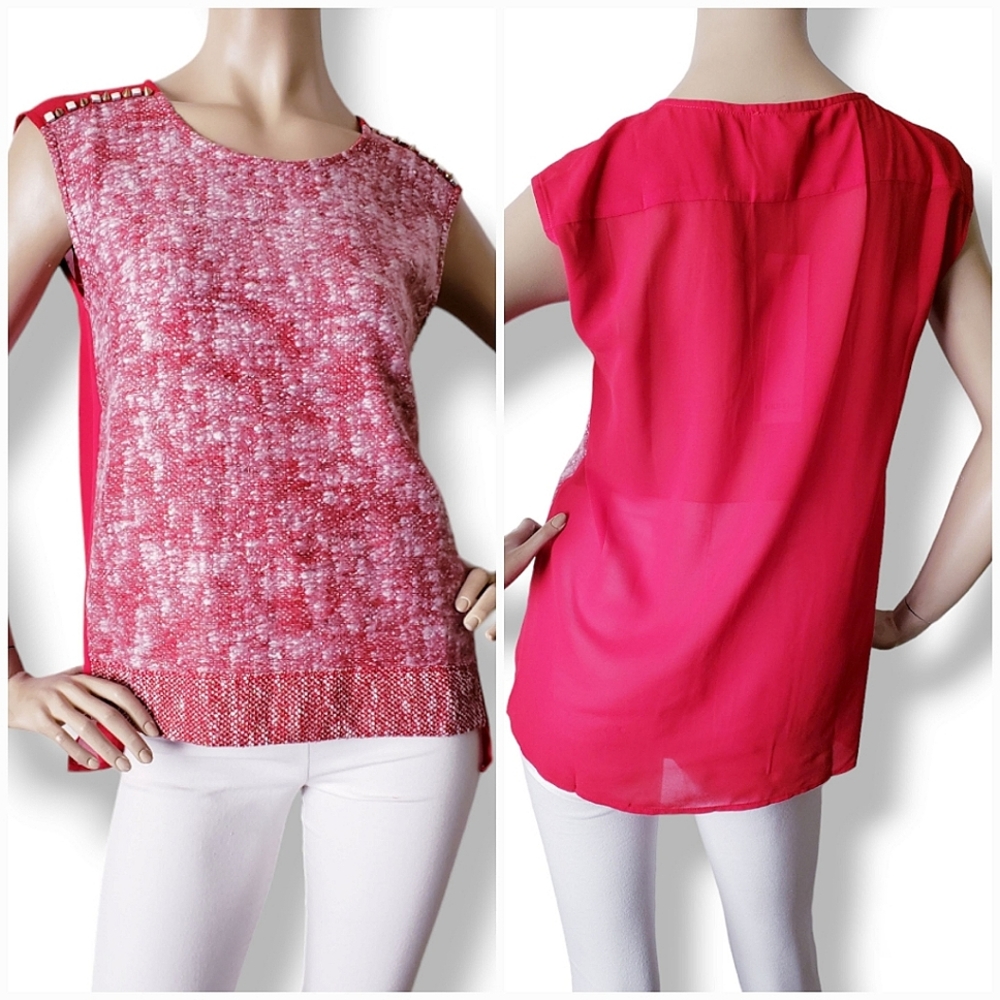 Grifflin Paris Red Boucle Knit Paneled Embellished Blouse